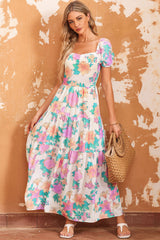 Multicolor Square Neck Puff Sleeve Tiered Floral Maxi Dress