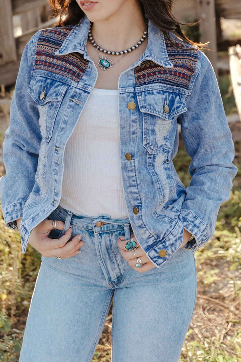 Sky Blue Distressed Tribal Patch Denim Jacket