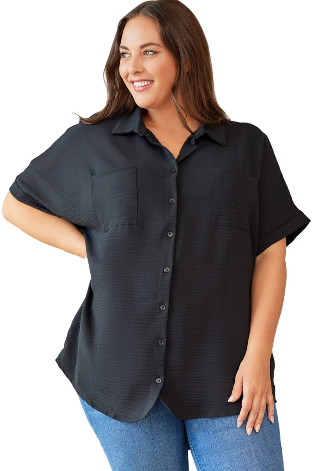 Black Plus Size Crinkle Textured Short Sleeve Shirt