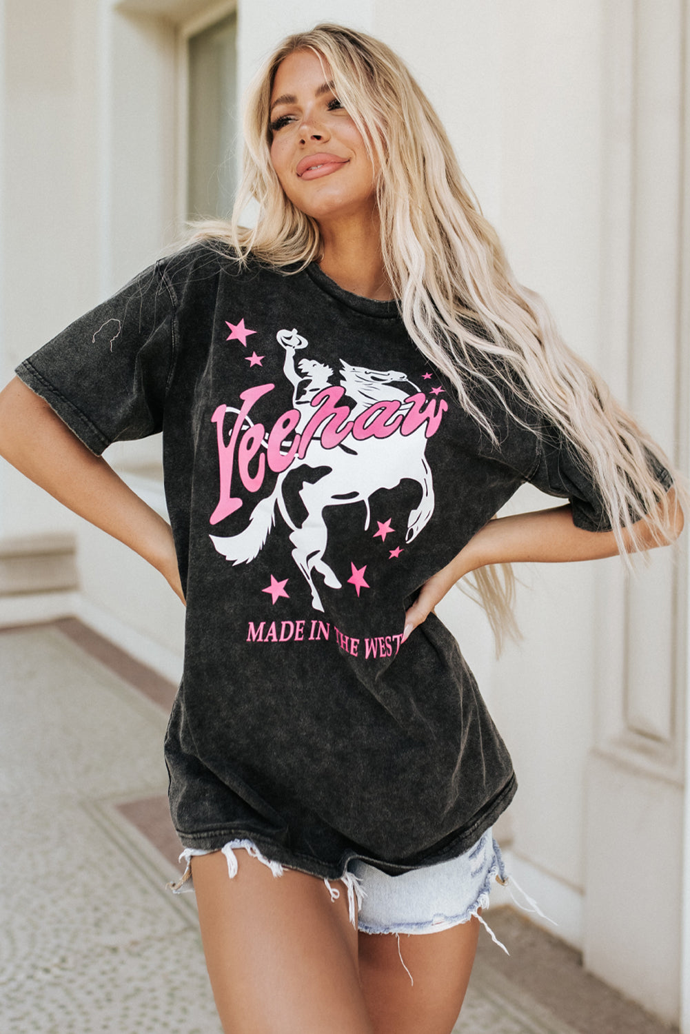 Black Western Yeehaw Graphic Print Short Sleeve T Shirt