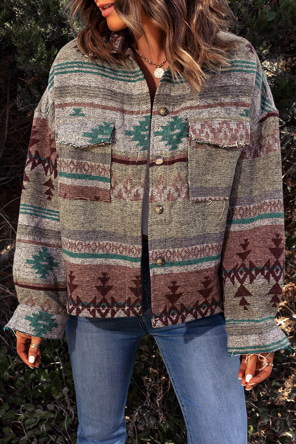 Vintage Aztec Print Lapel Pocket Button Up Jacket