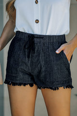 Black Casual Pocketed Frayed Denim Shorts