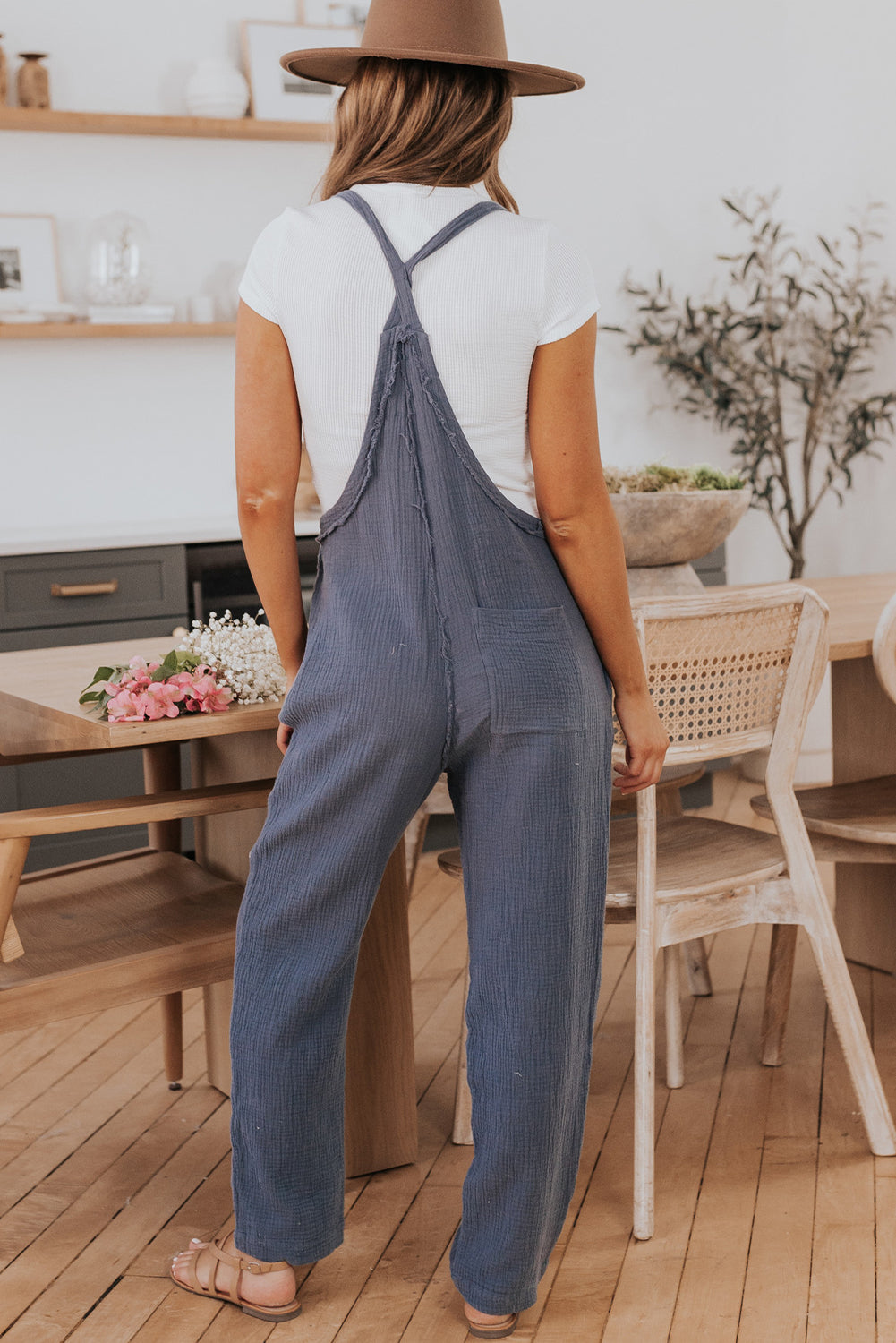 Gray Distressed Trim Crinkle Pocketed Jumpsuit