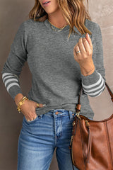 Gray Striped Sleeve Plain Knit Sweater