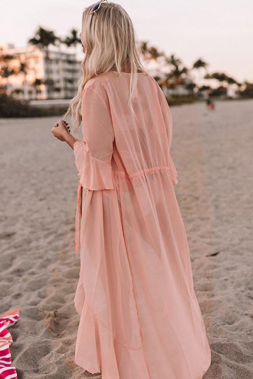 Pink Ruffle Half Sleeve Tie Front Flowy Beach Cover Up