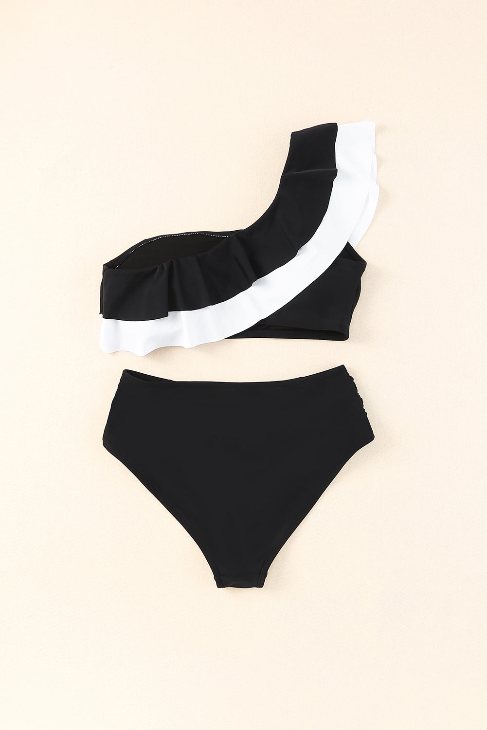 Black Color Block Flounce Ruched One Shoulder Bikini