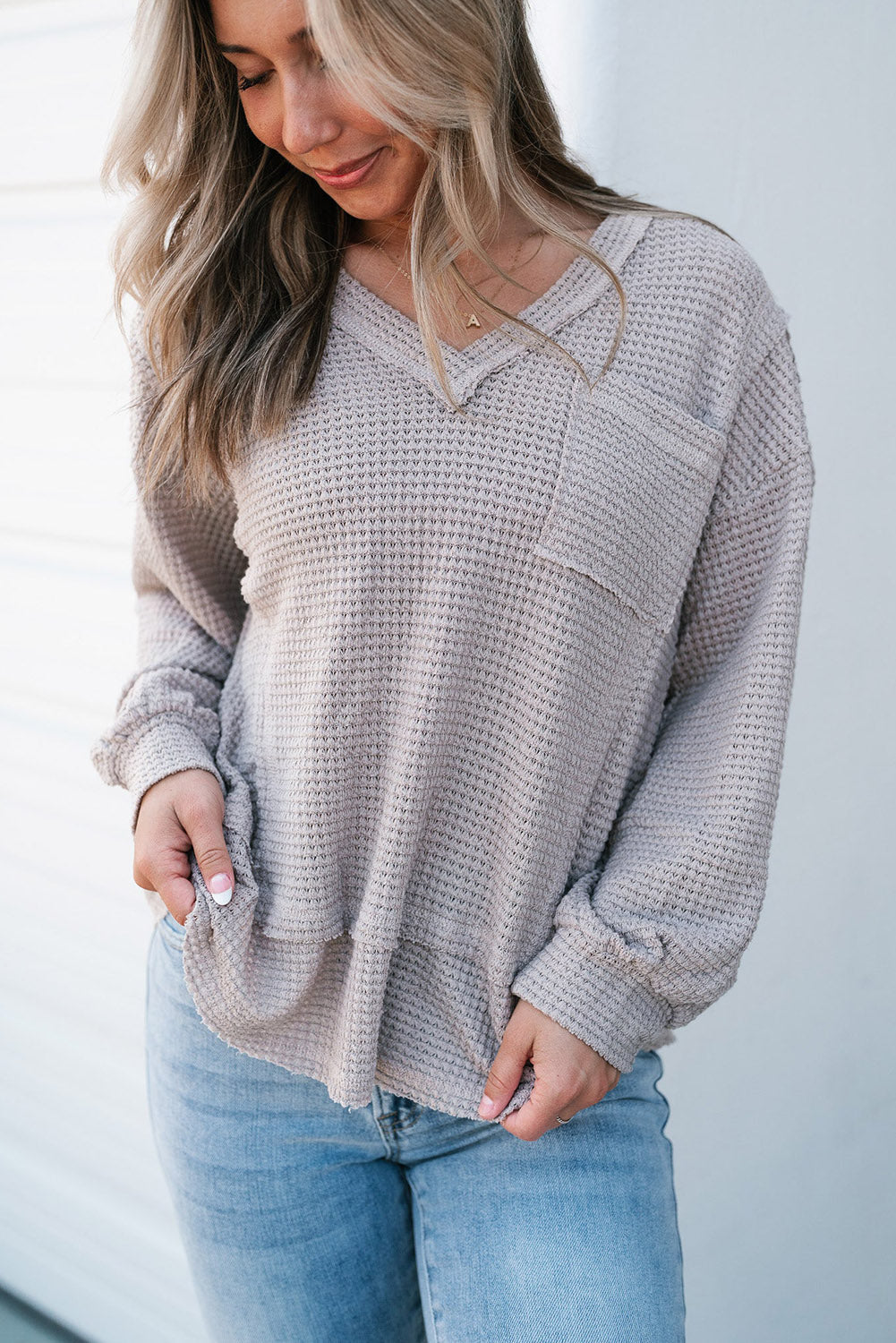 Light Grey Raw Edge Detail Waffle Knit V Neck Top