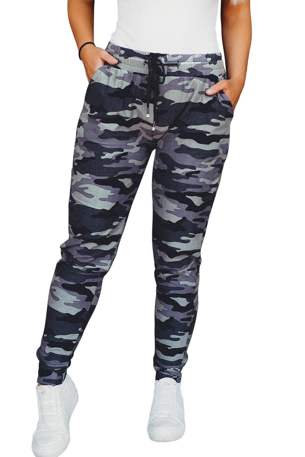 Black Camo Print Elastic Waist Drawstring Casual Joggers