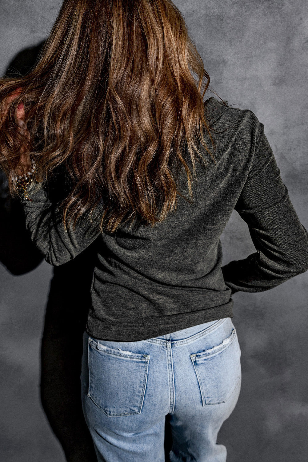 Black V Neck Buttons Ruched Long Sleeve Top