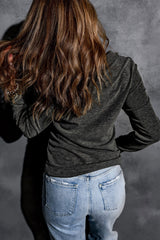 Black V Neck Buttons Ruched Long Sleeve Top