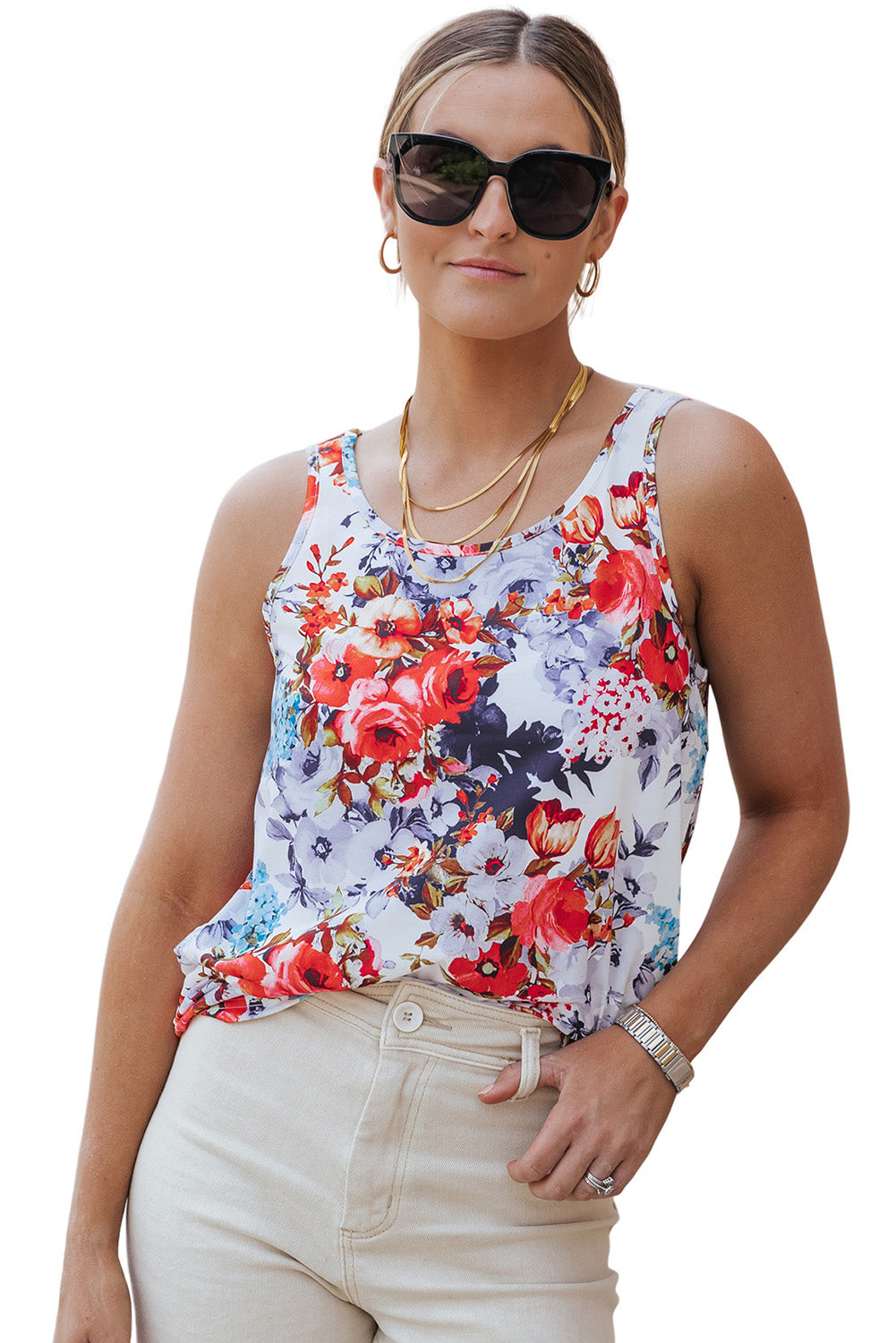 White Floral Print Sleeveless Top