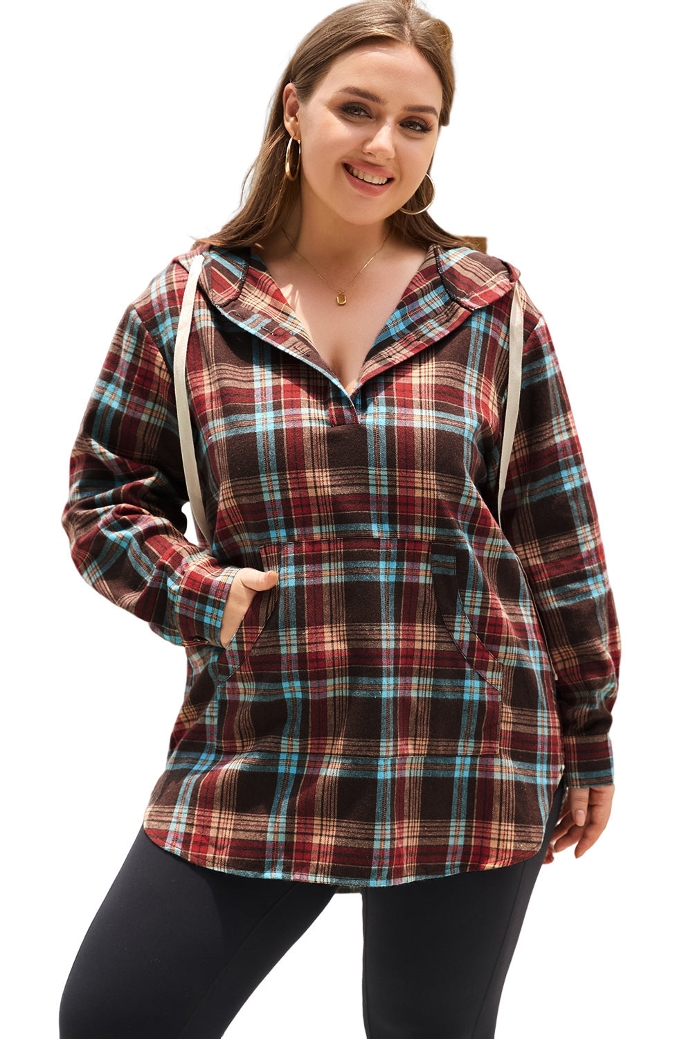 Green Plus Size Plaid Kangaroo Pocket Drawstring Hoodie