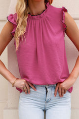 Rose Contrast Trim Ruffled Crew Neck Sleeveless Top