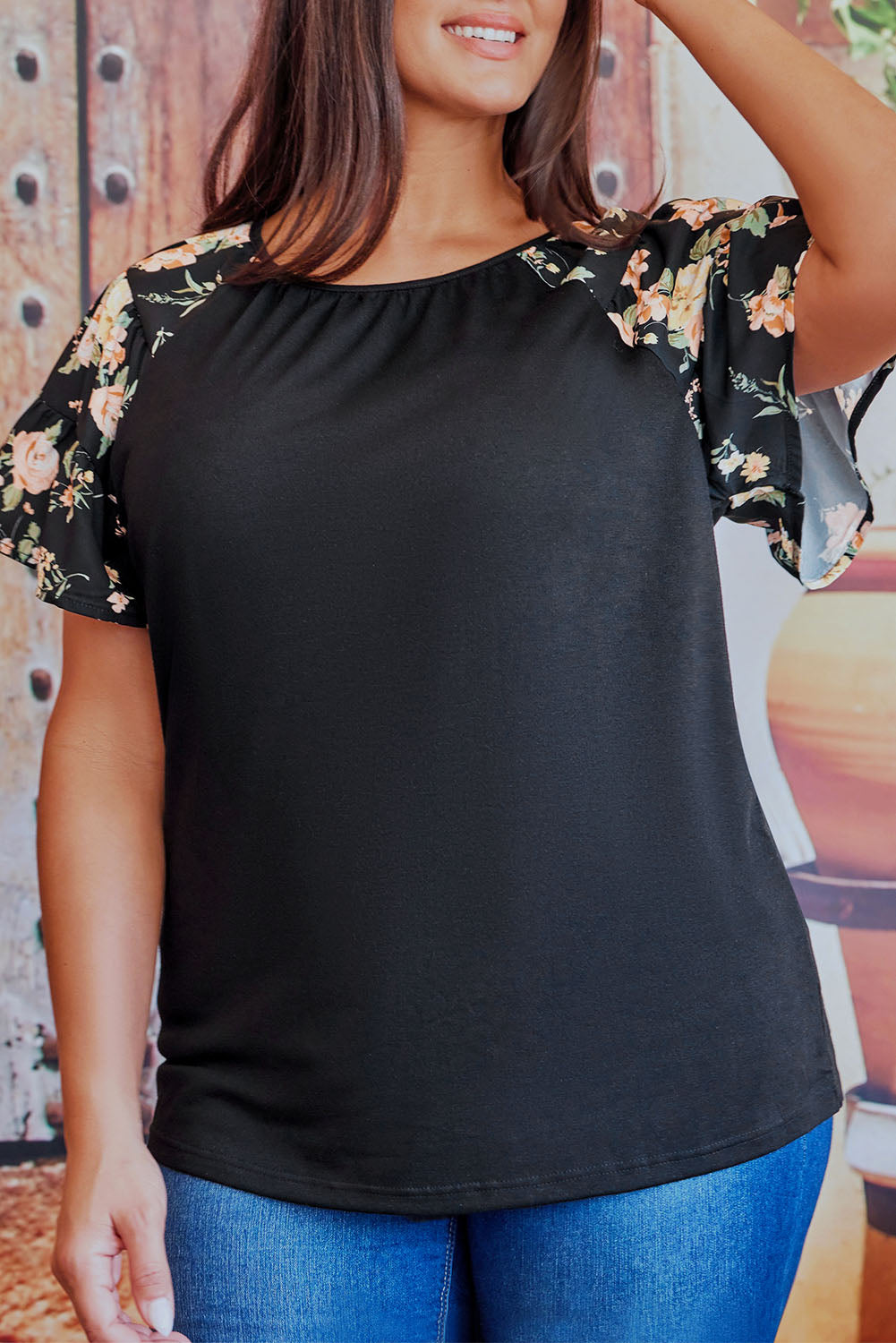 Black Floral Ruffle Sleeve Plus Size Top