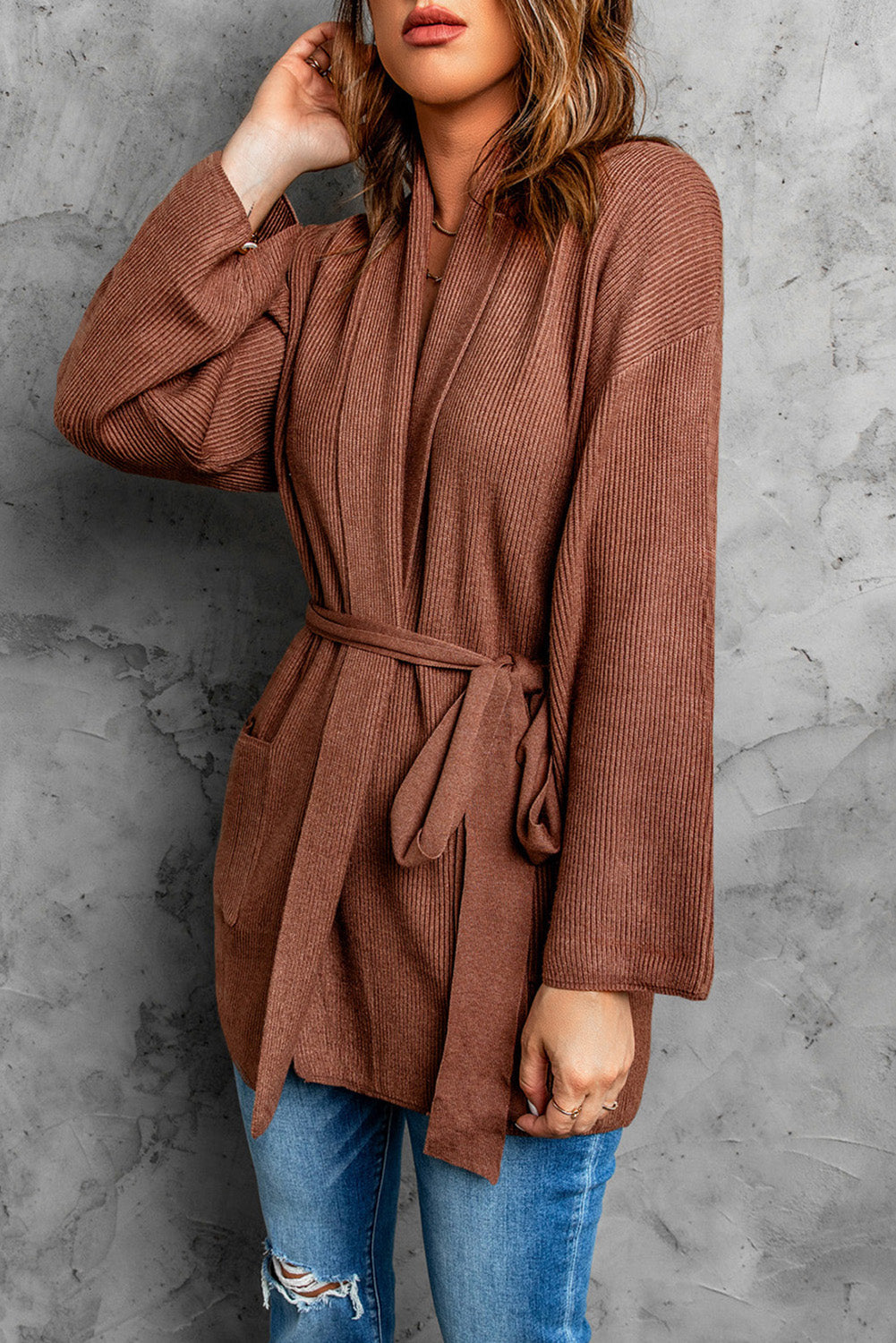 Black Robe Style Rib Knit Pocketed Cardigan with Belt