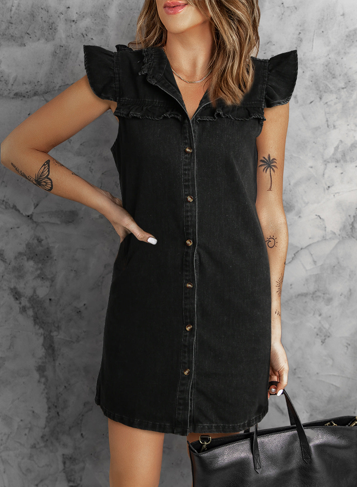 Black Ruffled Cap Sleeves Button Up Denim Dress