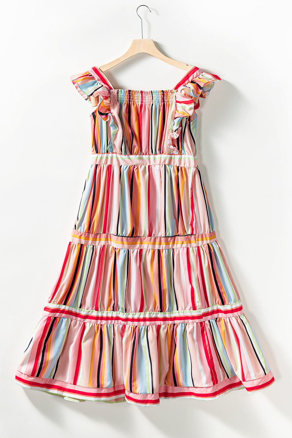 Pink Rainbow Stripe Ruffles Ruched Tiered Dress