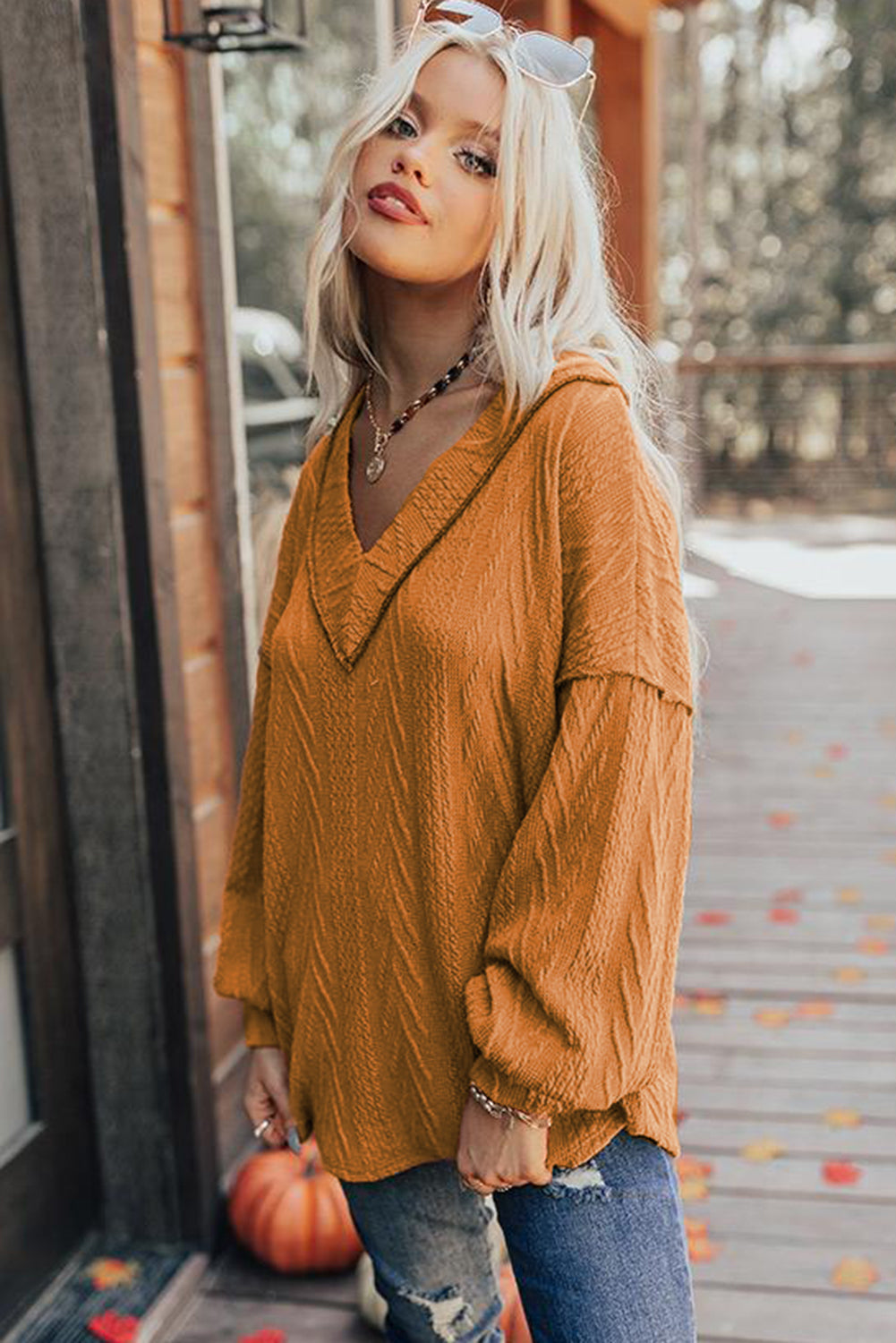 Orange Textured V Neck Long Sleeve Knit Top