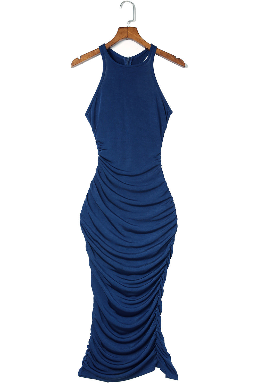 Blue Racer Back Ruched Knit Midi Dress