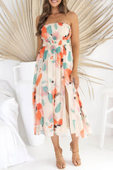 Khaki Strapless Shirred Abstract Print Split Long Dress