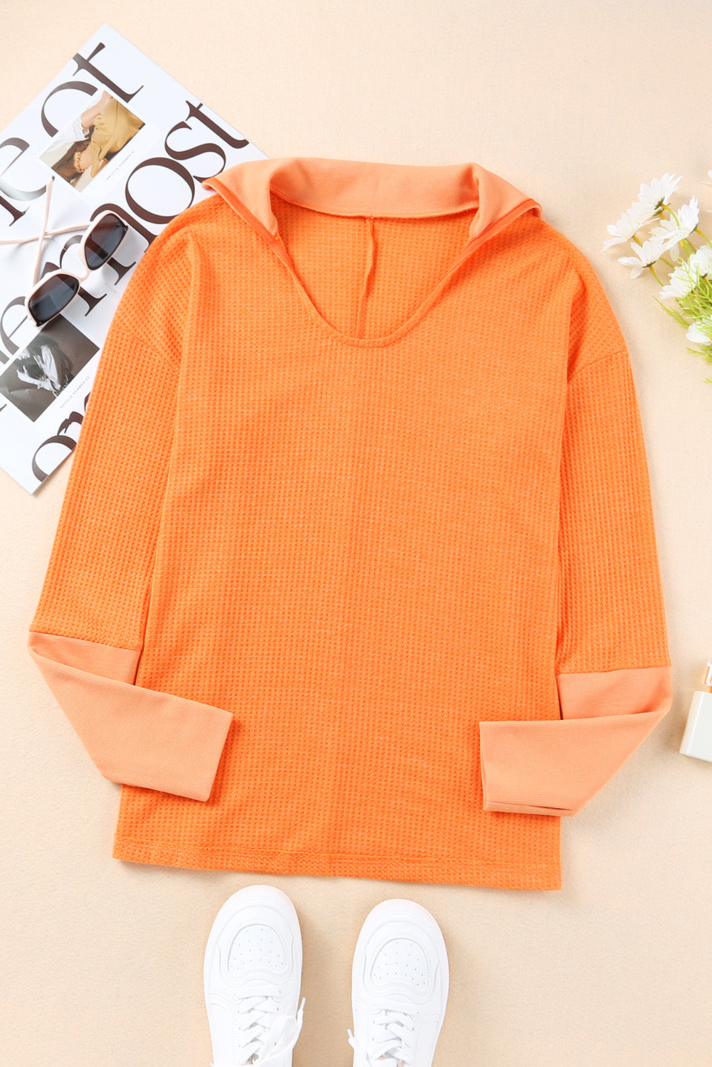 Orange Distressed Seam Trim Waffle Knit Top