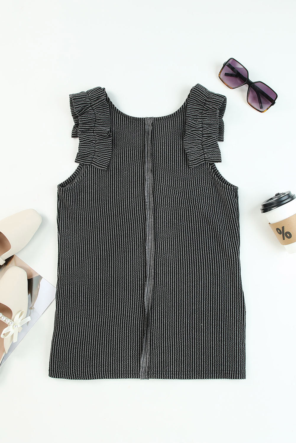 Gray Ruched Shoulders Ribbed Knit Tank Top