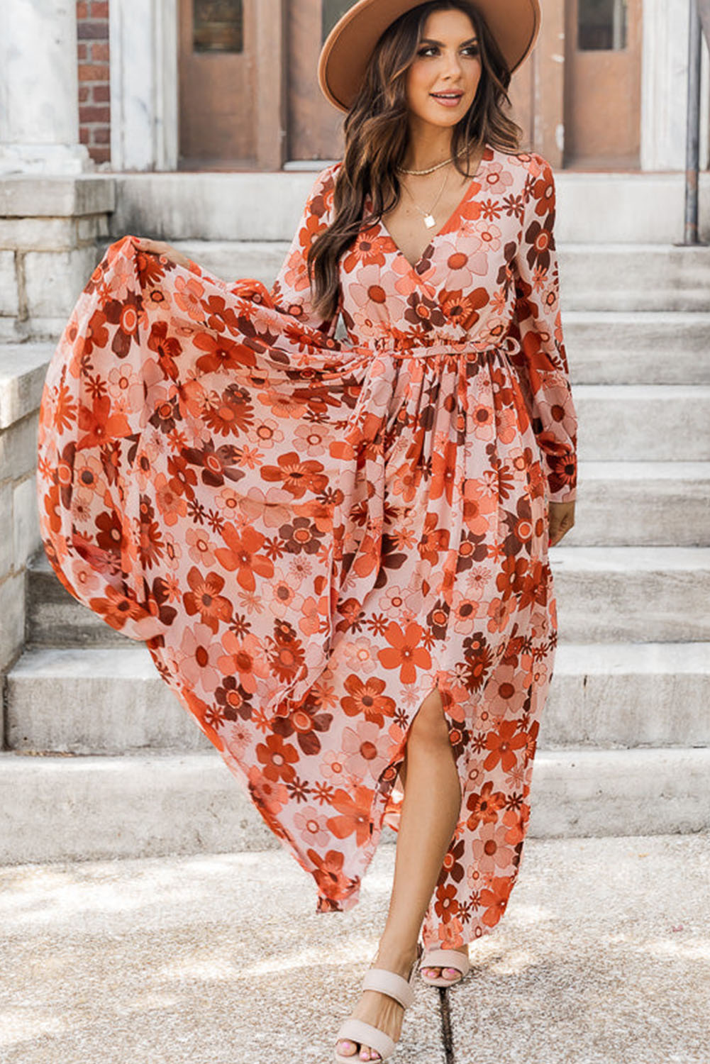 Orange Plus Size Floral Print V Neck Wrap Side Slit Maxi Dress