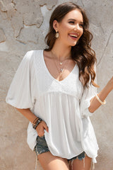 White Lace V-Neck Bracelet Sleeve Ruffle Blouse