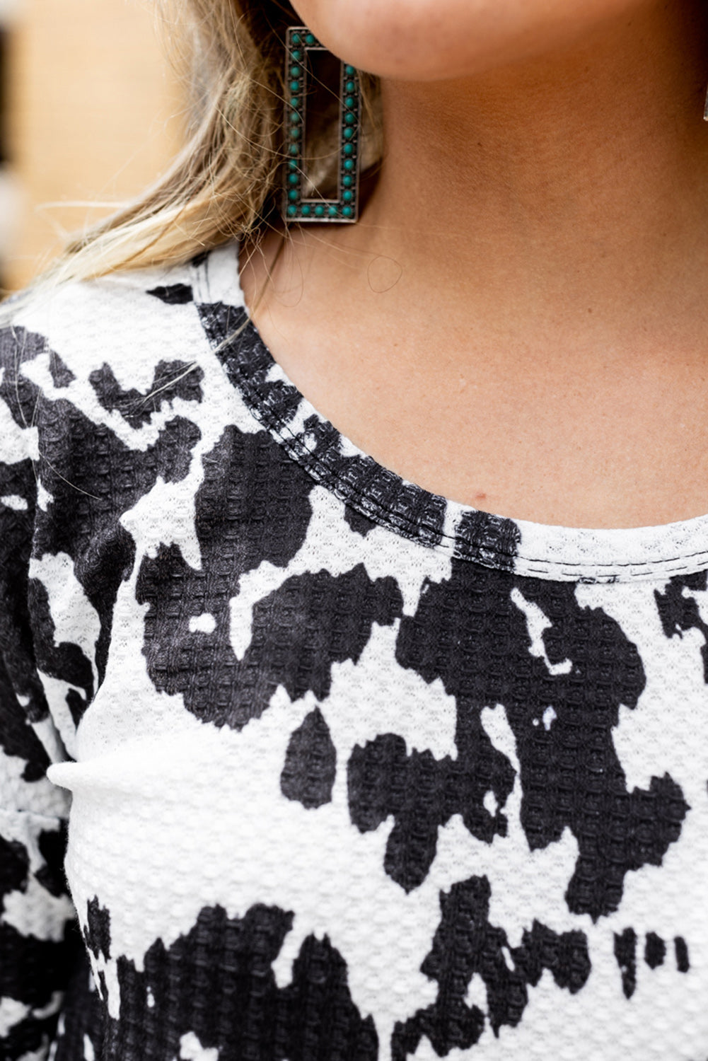 Cow Print U Neck Long Sleeve Top