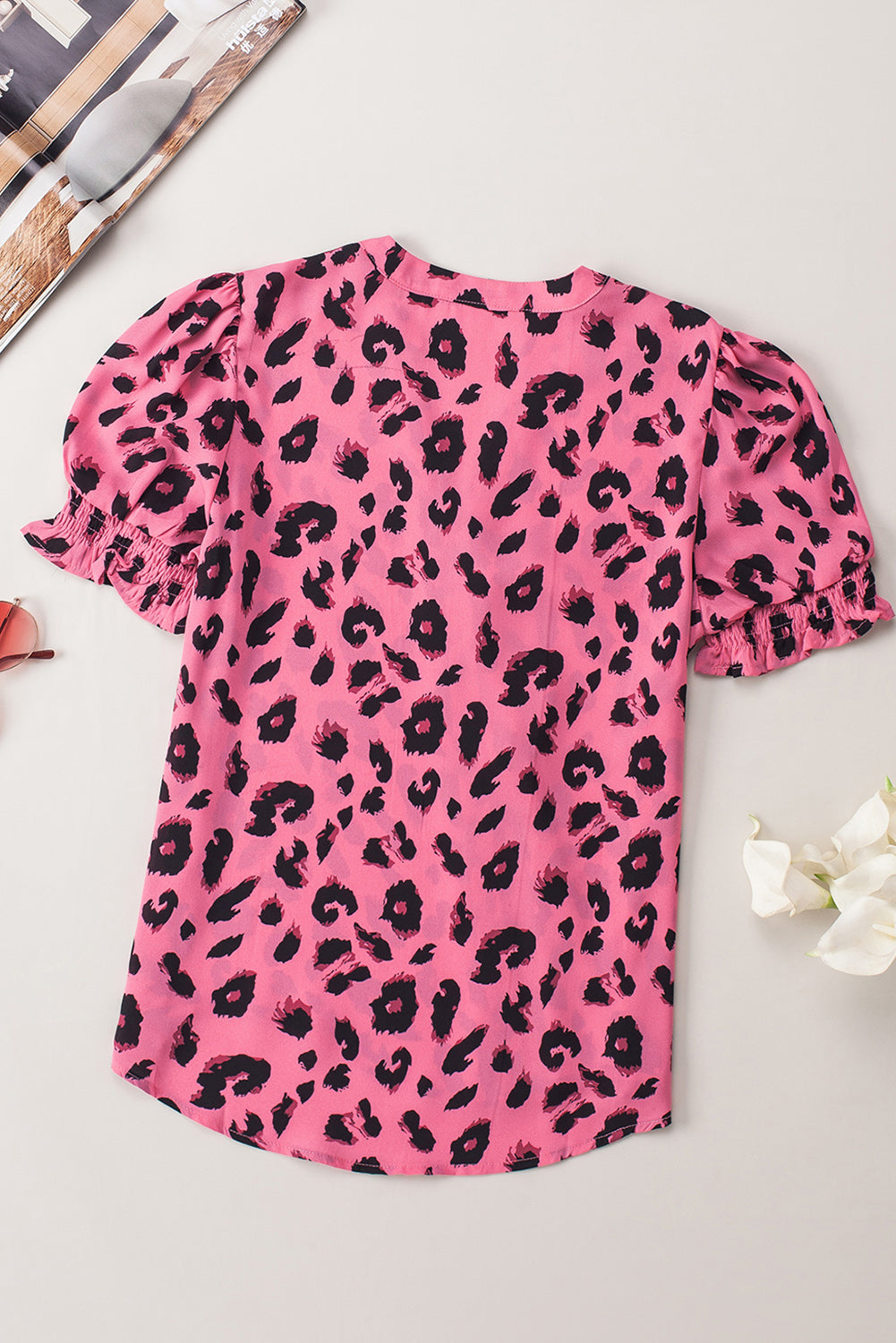 Pink Leopard Notch Neck Bubble Sleeve Blouse