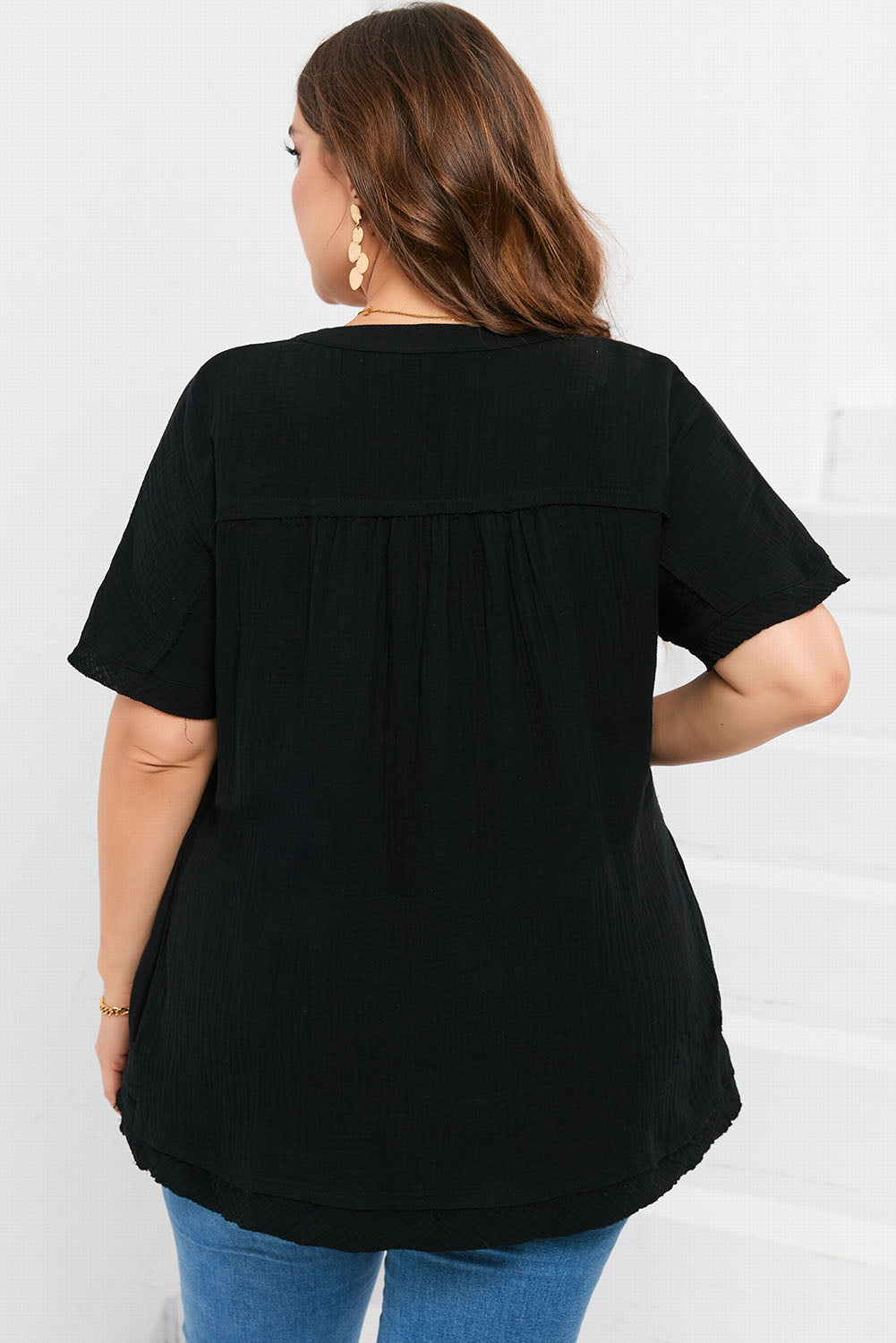 Black Plus Size Textured Short Sleeve Babydoll Blouse