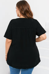 Black Plus Size Textured Short Sleeve Babydoll Blouse