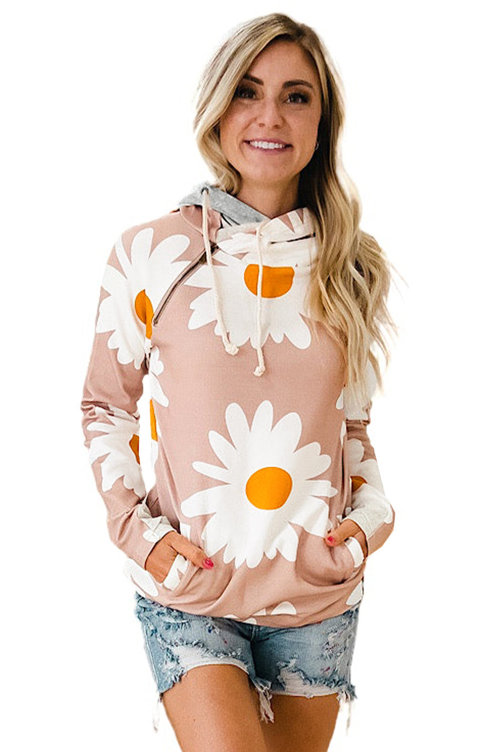 Pink Daisy Print Zipped Doublehood Sweatshirt