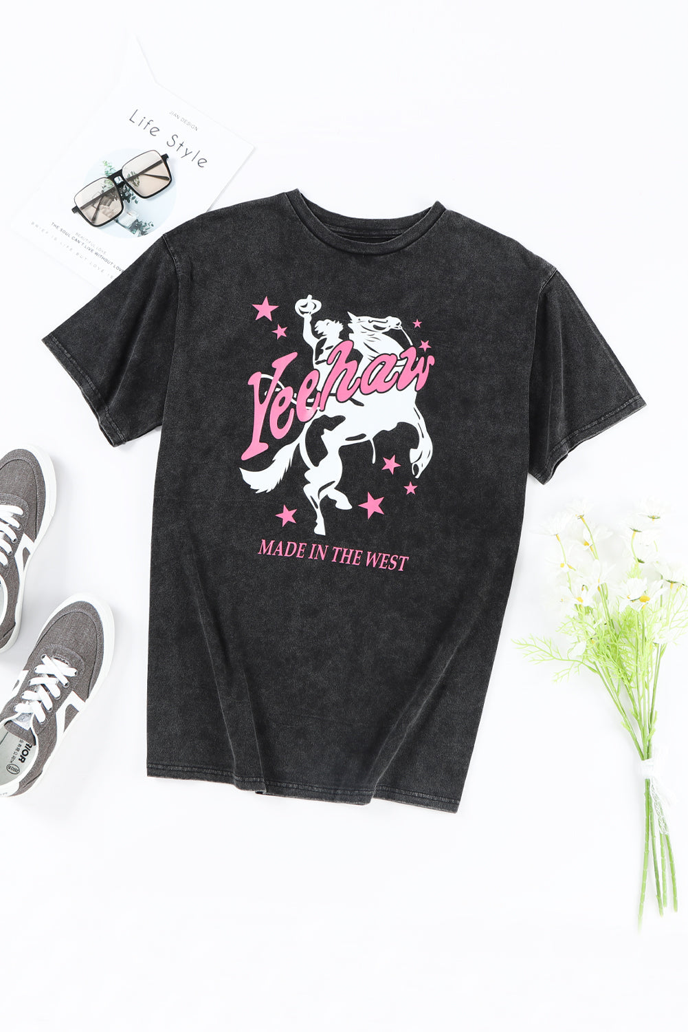 Black Western Yeehaw Graphic Print Short Sleeve T Shirt