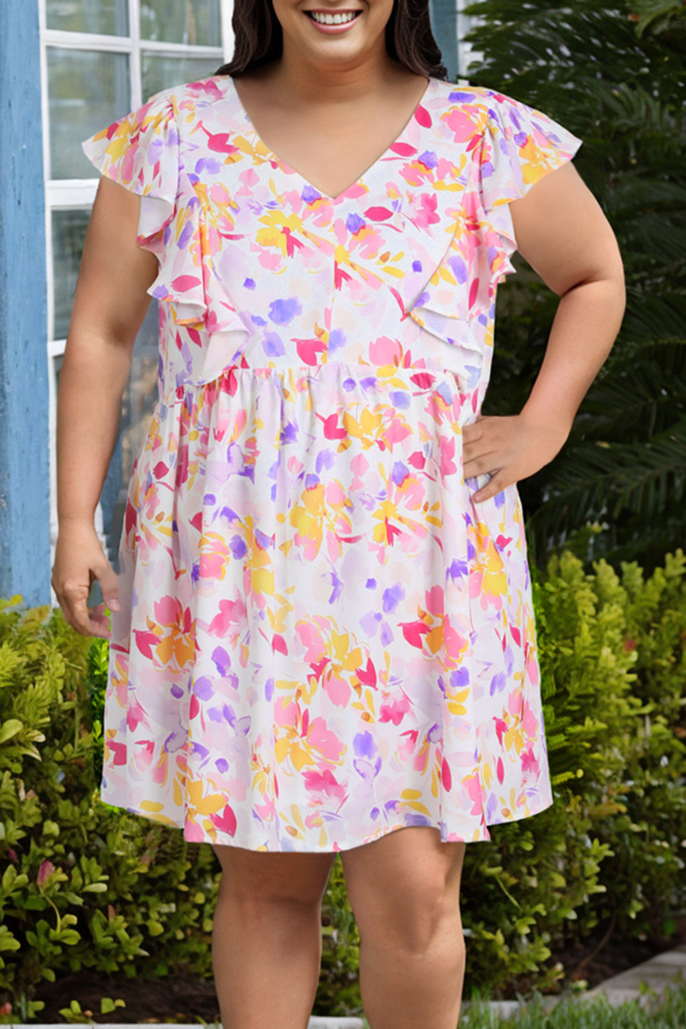 Multicolor Floral V-Neck Ruffled Sleeve Plus Size Dress