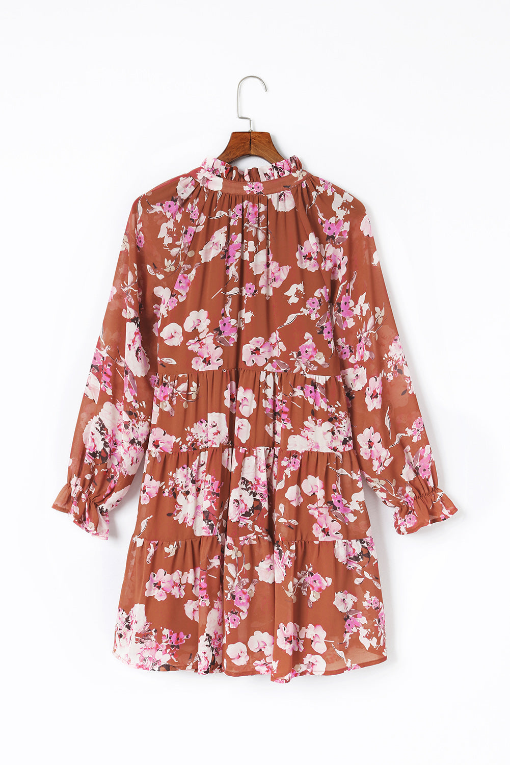 Brown Floral Print Drawstring V Neck Ruffled Babydoll Mini Dress