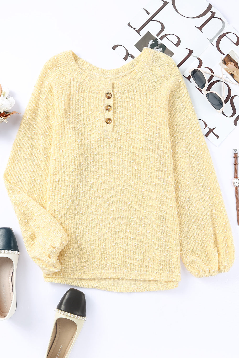 Apricot Swiss Dot Raglan Sleeves Knit Top