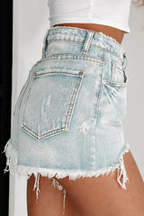 Sky Blue Distressed Raw Hem High Waist Denim Shorts