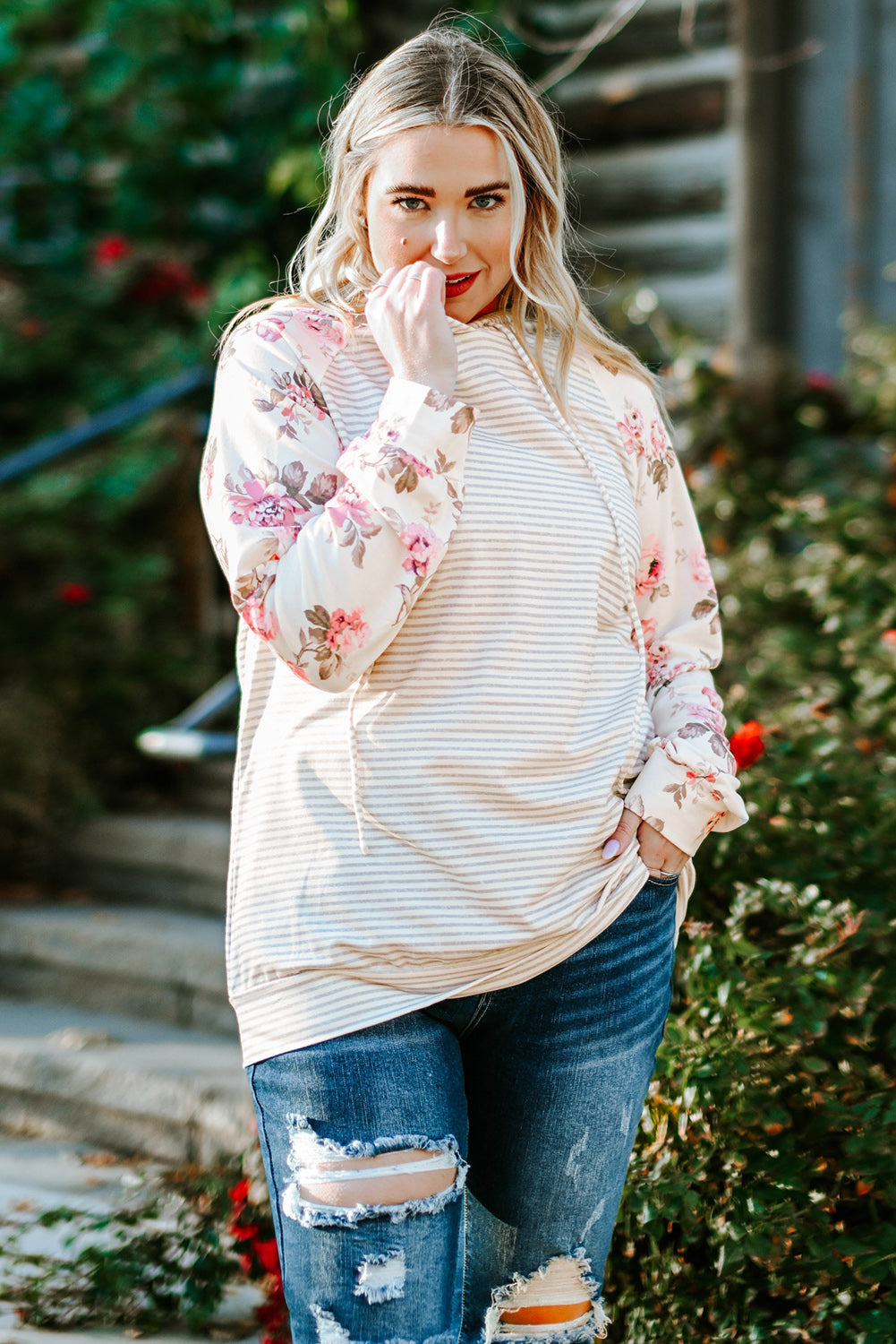 Stripe Plus Size Floral Raglan Sleeve Striped Hoodie