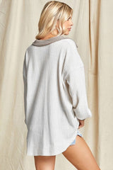 White Contrast Trim Buttons Collared Neck Ribbed Knit Top