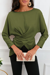 Green Lace-up Wrapped Split Hem Solid Long Sleeve Top