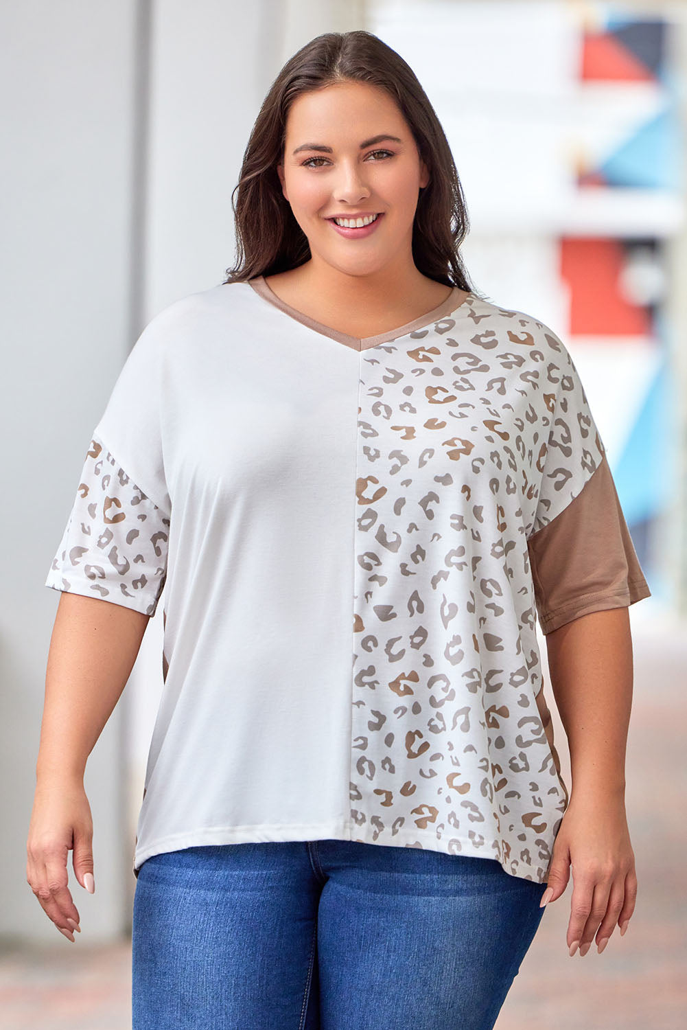 White Plus Size Leopard Patchwork Short Sleeve Top