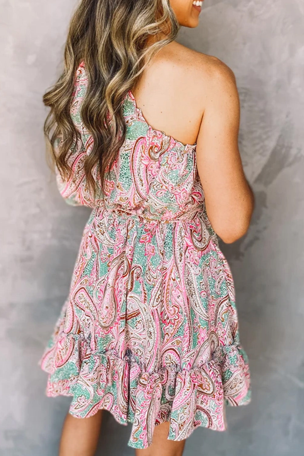 Pink Paisley Print One Shoulder Lace-up High Waist Mini Dress