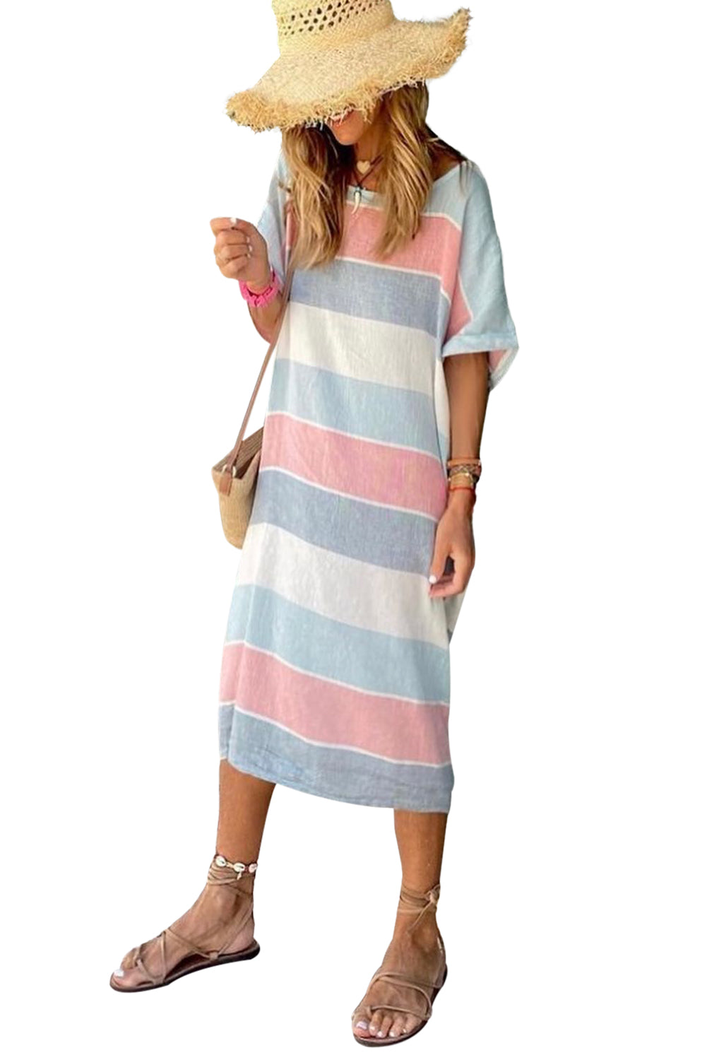 Multicolor Striped Color Block Loose Fit 3/4 Sleeve Dress