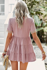 Pink Hollowed Jacquard V Neck Tiered Top