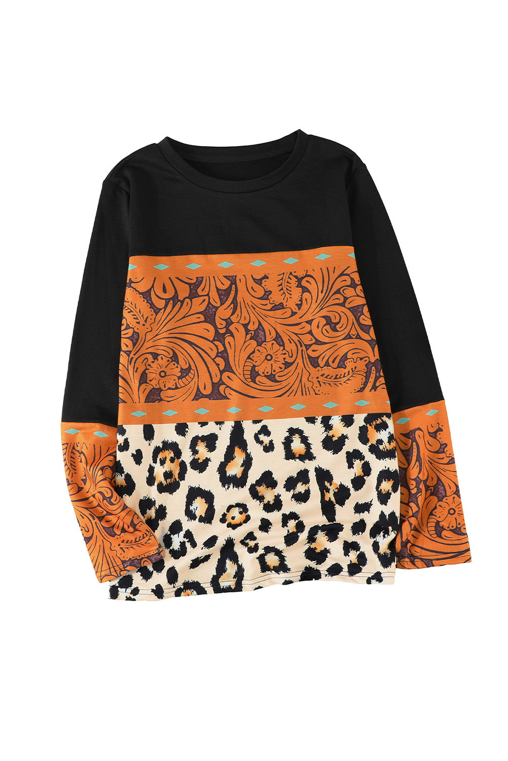 Black Leopard Tribal Print Splicing Long Sleeve Top