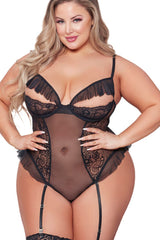 Black Plus Size Lace Mesh Ruffle Peekaboo Teddy Lingerie