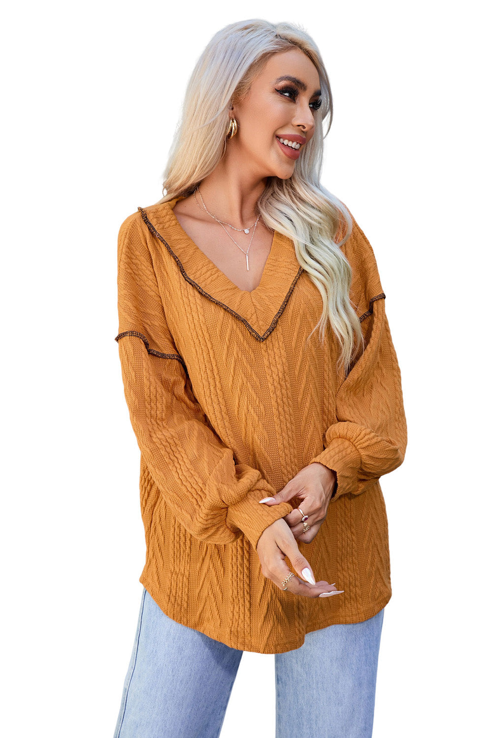 Orange Textured V Neck Long Sleeve Knit Top