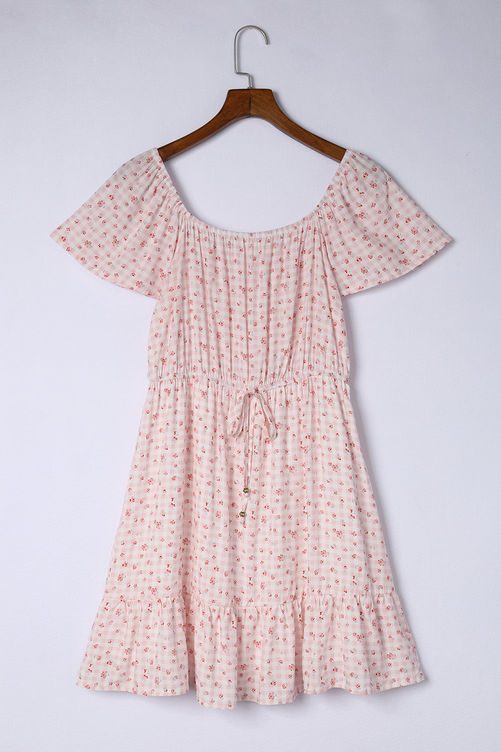 Pink Elastic Waist Ruffled Hem Floral Dress