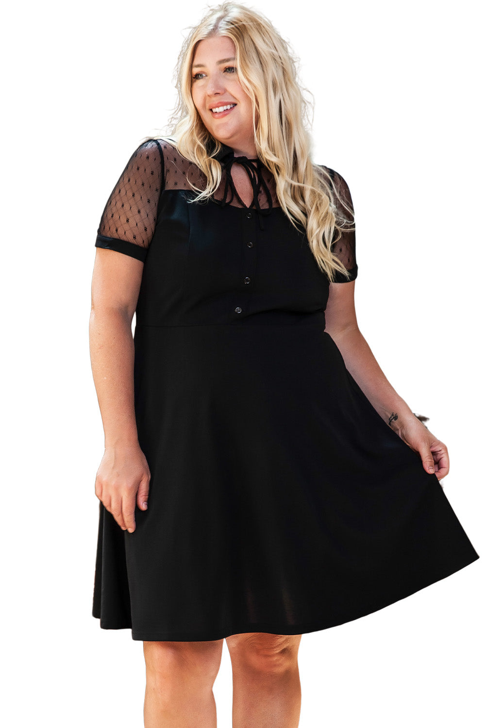 Black Plus Size Collared Mesh Yoke Fit Flare Dress